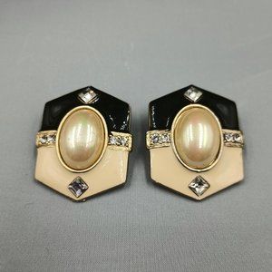 Vintage Clip Earrings Jiin Hwa Signed Art Deco Enameled Rhinestone Faux Pearl
